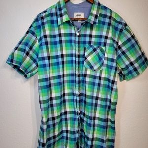 Mens Ecko Unltd Shirt XL Blue Green Checker Short Sleeve Button Cotton Collared.